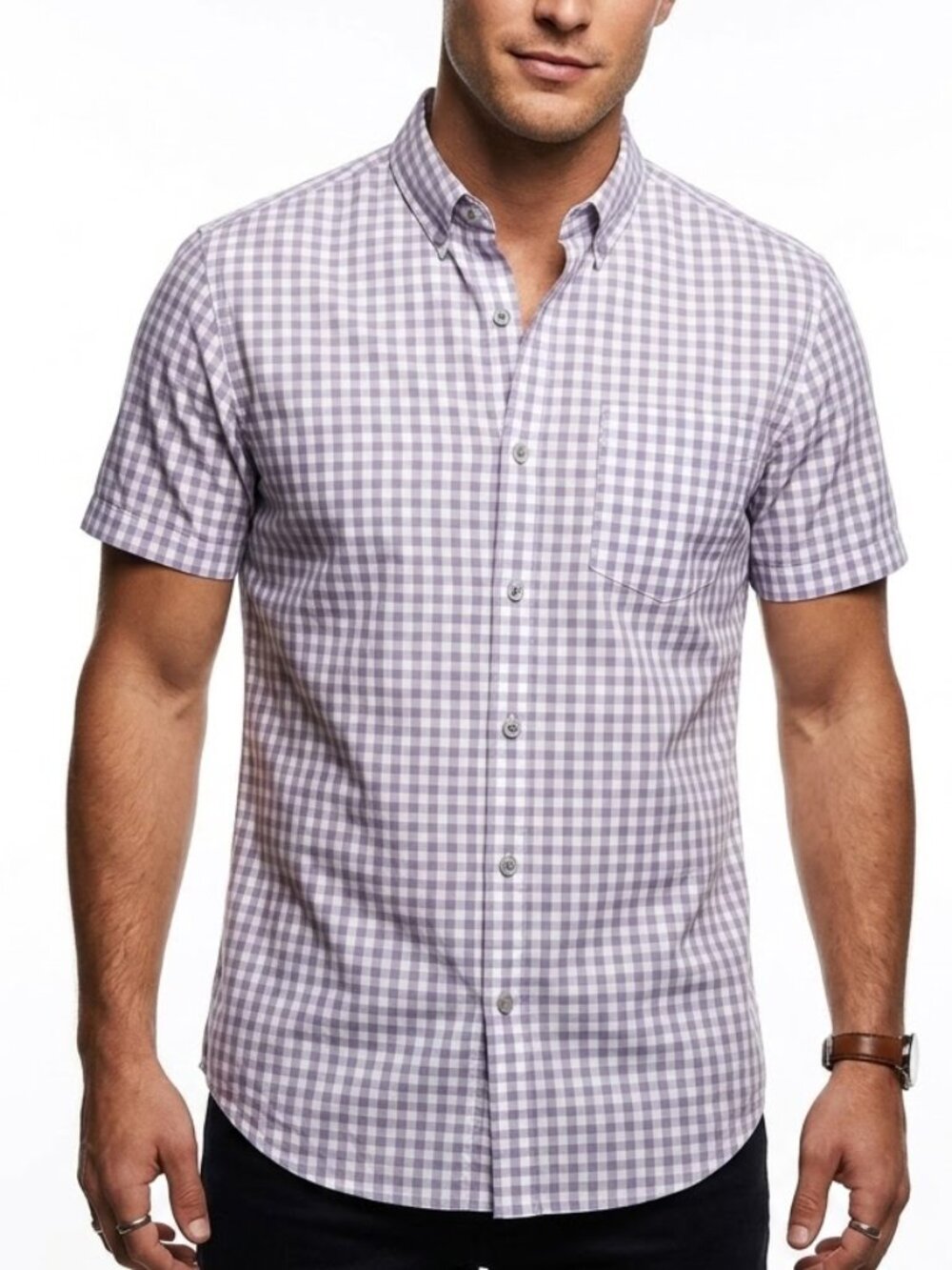 DENIM & FLOWER Gingham Plaid Short Sleeve Shirt Slim Fit Mens L Purple White